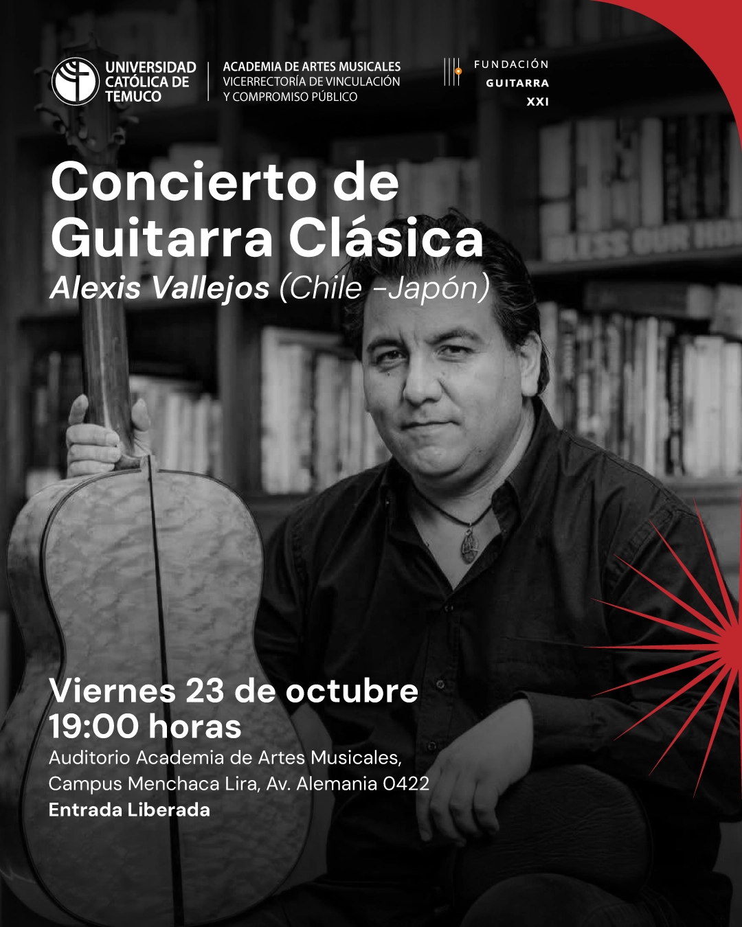 Concierto del guitarrista internacional Alexis Vallejos (Chile -Japón), donde interpretara obras de distintos periodos del repertorio.