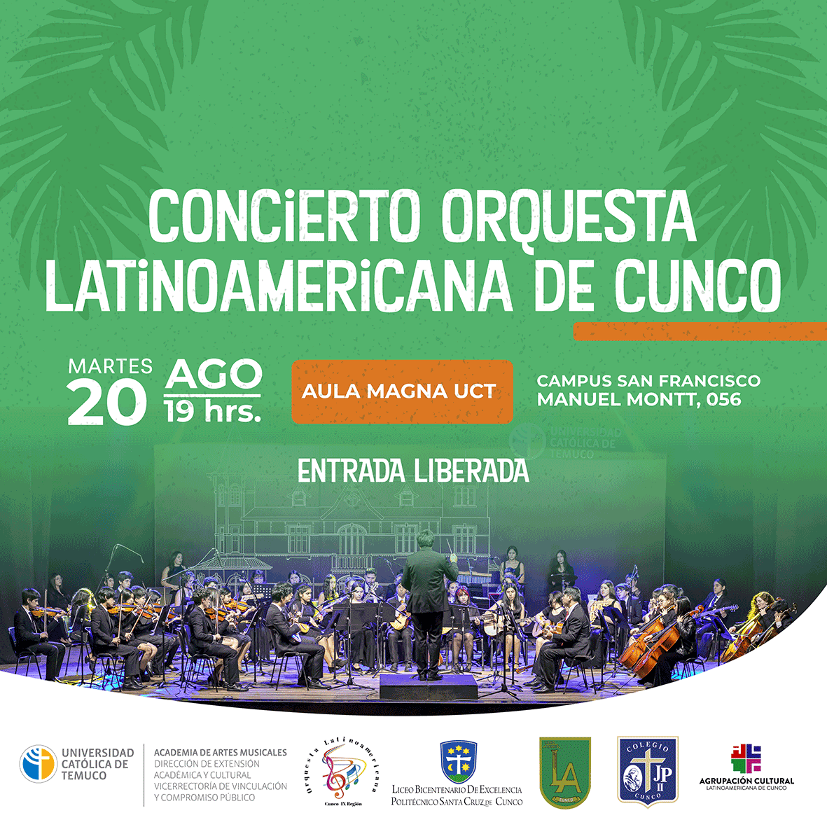 afiche del concierto con los datos del evento y la foto de la orquesta lationamericana de cunco