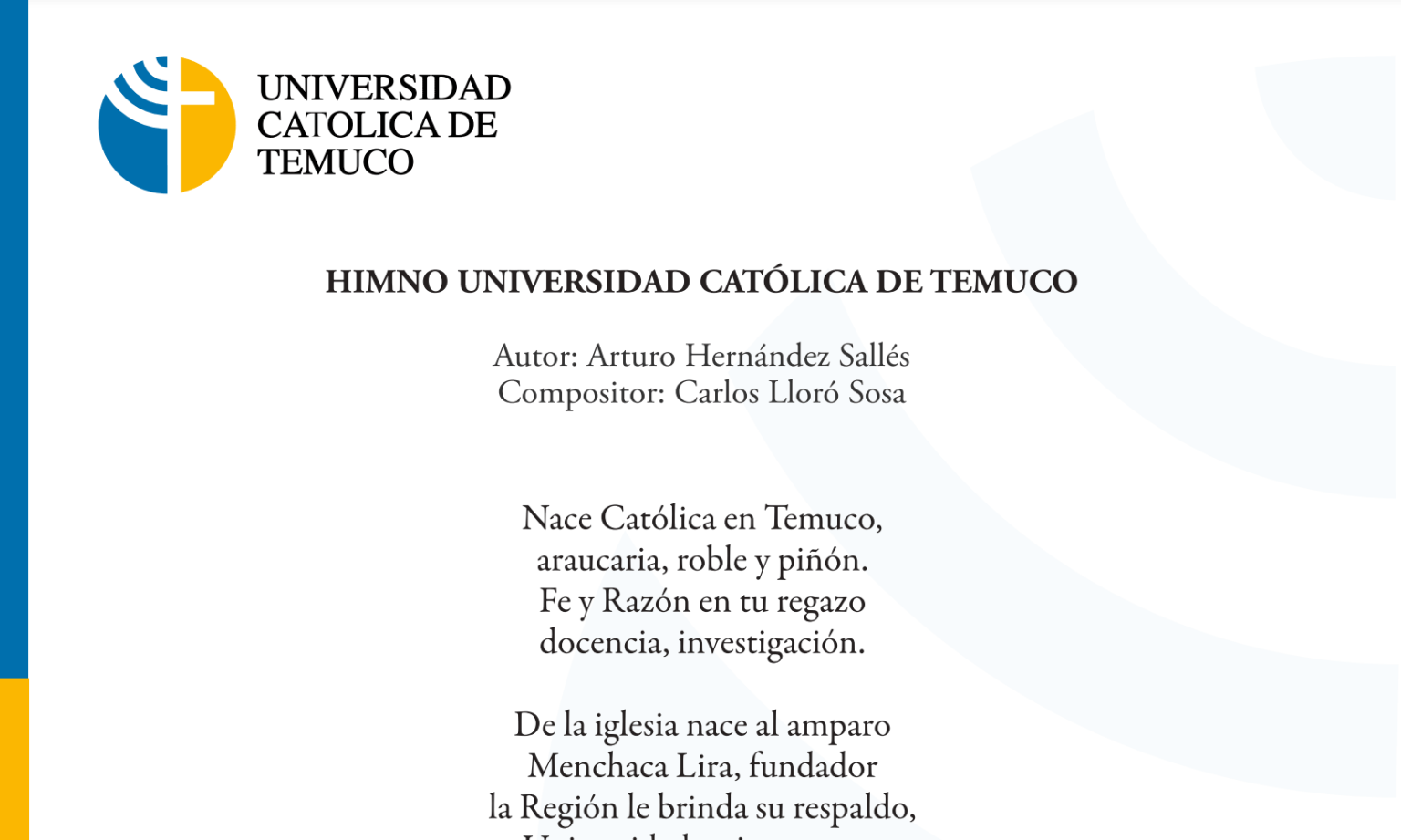 imagen del documento ofical con el himno de la Universidad Católica de Temuco linkeado a la descarga