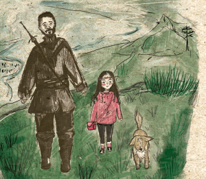 parte de la ilustración de portada del libro donde aparece un hombre, una niña y un perro caminando al aire libre