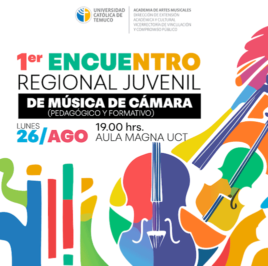 Afiche del encuentro. posee instrumentos de múltiples colores sobre fondo blanco.