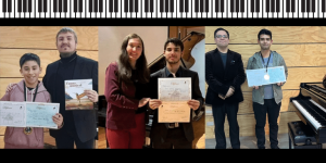 Imagen de los tres estudiantes ganadores del concurso de piano en compañía de sus docentes